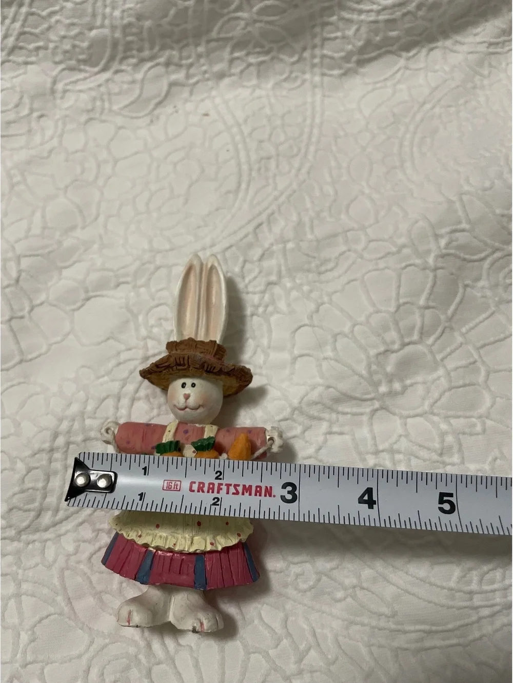 Hand-Painted Easter Bunny Figurine with Carrot Apron and Straw Hat